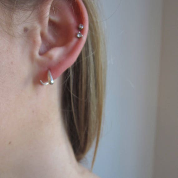 Small Silver Open Hoop Earrings Teardrop Hugger Earrings Artisan Handmade by Sheri Beryl Mismatch Earrings Silver and Gold Huggie Hoops