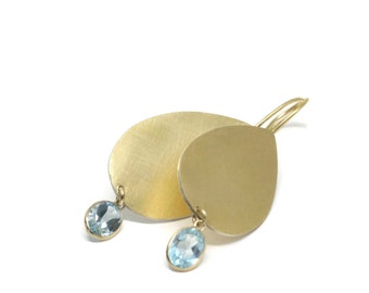 Large Gold Teardrop Earrings , Modern Geometric Earring Drops Blue Topaz  18K Gold Bi-MetalArtisan Handmade by Sheri Beryl