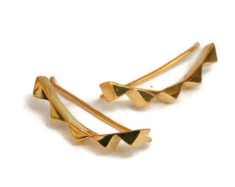 Gold  Ear Crawler Earrings ,Vermeil  Triangle  Earring Sweeps , Zig Zag  Ear Climber  Curved Bar Earring    Artisan Handmade by Sheri Beryl