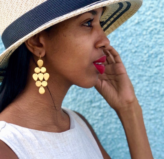 Large Gold Teardrop Chandelier Earrings Statement Drops 18K
