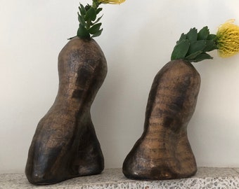 Unique Sculptural Vases Golden Bronze Ceramic Set of 2  .