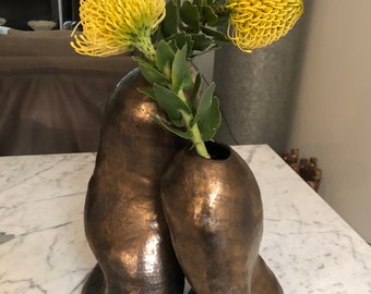 Unique Sculptural Vases Golden Bronze Ceramic Set of 2  .