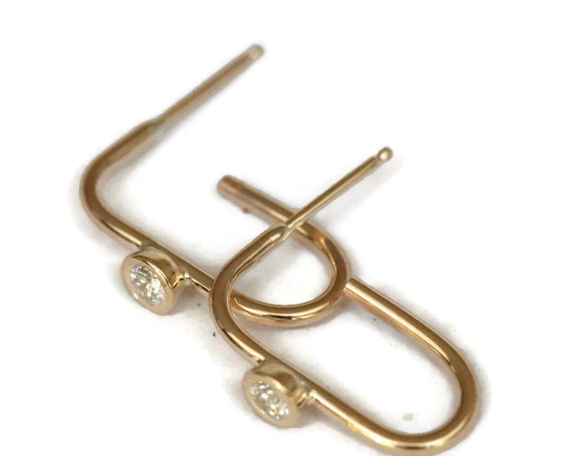 Paper Clip Hoop Earrings 14K Gold Diamond Huggie Hoops Solid Etsy
