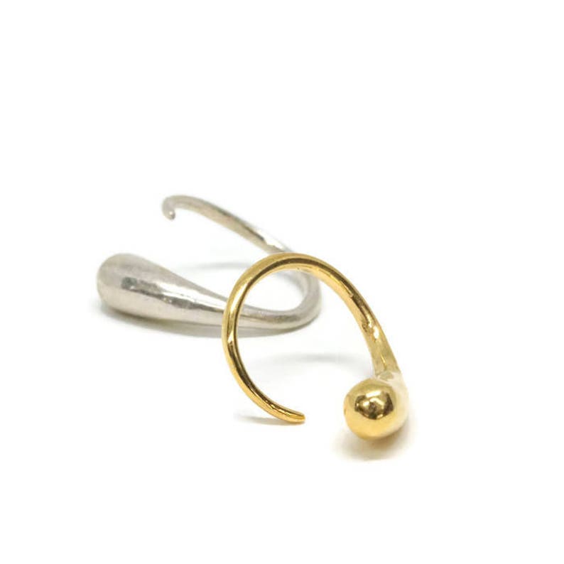 Small Silver Open Hoop Earrings Teardrop Hugger Earrings Artisan Handmade by Sheri Beryl Mismatch Earrings Silver and Gold Huggie Hoops