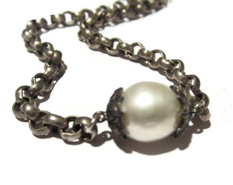 Pave Diamond, Pearl Necklace, Large  Solitaire  White Pearl Necklace Oxidized Silver Chain  Artisan Handmade by Sheri Beryl