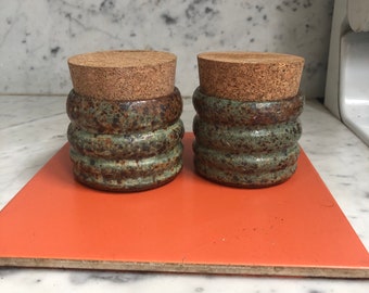Cork Lidded Spice Jar, Ceramic Salt Cellar,  Patina Blue Green Hand Thrown Stoneware Container Ready to Ship