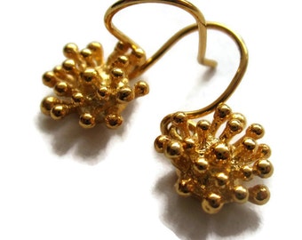 18K Solid Gold Earrings, Starburst Small Dangle Drop Earrings, Gold Flower Earrings, Artisan Handmade by Sheri Beryl