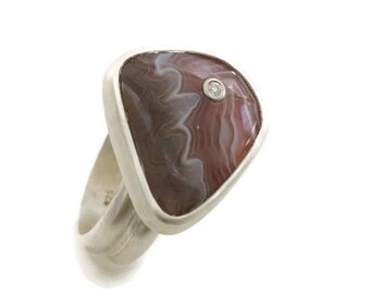 Botswana Agate Ring  Free Form Cabochon, Wide Band  Size 6.75 Artisan Handmade by  Sheri Beryl