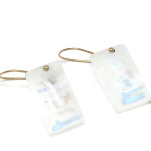 Rectangular  Rainbow Moonstone Earrings, White Gemstone Drop Earring 14K Gold June Birthstone   ARTISAN HANDMADE by Sheri Beryl