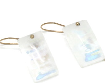 Rectangular  Rainbow Moonstone Earrings, White Gemstone Drop Earring 14K Gold June Birthstone   ARTISAN HANDMADE by Sheri Beryl
