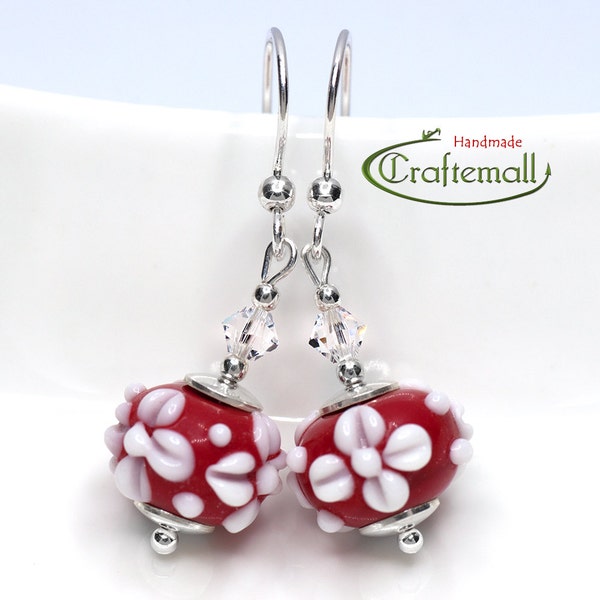 Lampwork earrings with sterling silver and Swarovski crystals - red and white