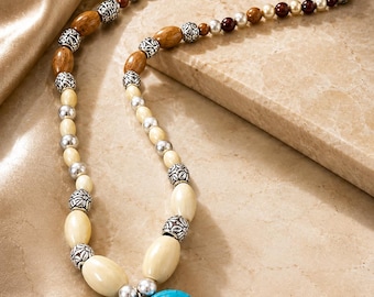 Turquoise Heart Pendant Beaded Necklace, Ivory Wood Accents, Boho Statement Jewelry