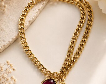 Golden Duet Heirloom Necklace – Vintage Gold Chain with Crimson & Honey Crystal Charms