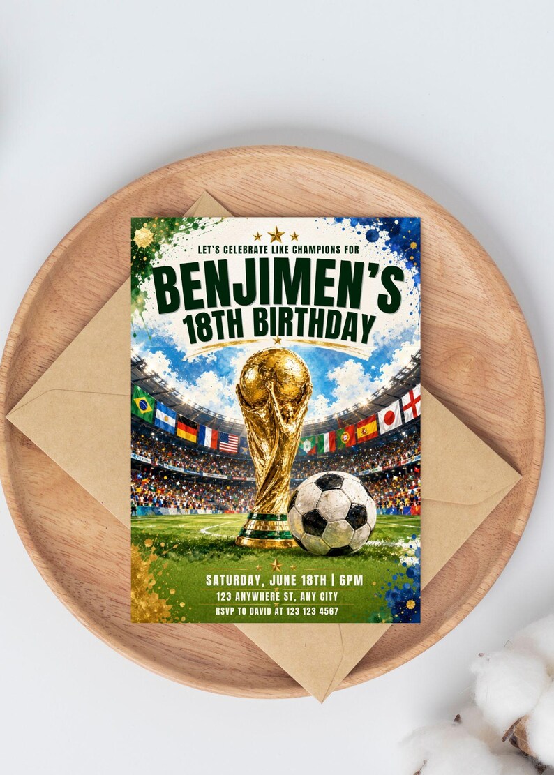May include: A rectangular birthday invitation card featuring a gold trophy and a soccer ball on a green field inside a stadium. The text reads: LET'S CELEBRATE LIKE CHAMPIONS FOR BENJIMEN'S 18TH BIRTHDAY, SATURDAY, JUNE 18TH | 6PM, 123 ANYWHERE ST, ANY CITY, RSVP TO DAVID AT 123 123 4567.
