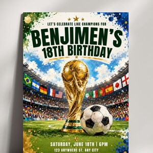 May include: A birthday invitation flyer featuring a gold trophy and a soccer ball on a stadium field. Text reads: LET'S CELEBRATE LIKE CHAMPIONS FOR BENJIMEN'S 18TH BIRTHDAY, SATURDAY, JUNE 18TH | 6PM, 123 ANYWHERE ST, ANY CITY, RSVP TO DAVID AT 123 123 4567.