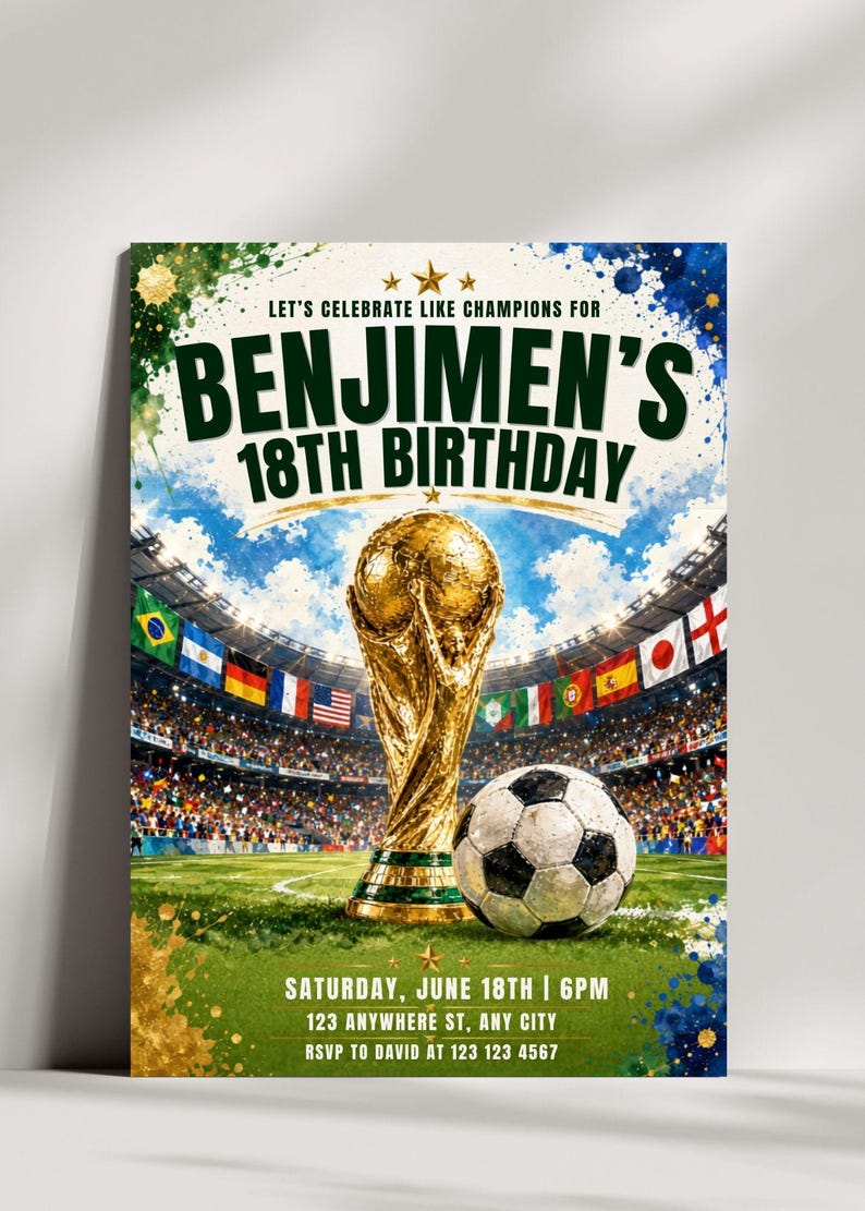 May include: A birthday invitation flyer featuring a gold trophy and a soccer ball on a stadium field. Text reads: LET'S CELEBRATE LIKE CHAMPIONS FOR BENJIMEN'S 18TH BIRTHDAY, SATURDAY, JUNE 18TH | 6PM, 123 ANYWHERE ST, ANY CITY, RSVP TO DAVID AT 123 123 4567.