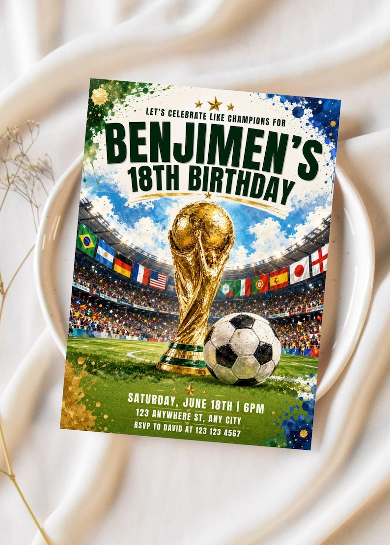 May include: A rectangular birthday invitation card featuring a gold trophy and a soccer ball on a green field inside a stadium. The text reads: LET'S CELEBRATE LIKE CHAMPIONS FOR BENJIMEN'S 18TH BIRTHDAY, SATURDAY, JUNE 18TH | 6PM, 123 ANYWHERE ST, ANY CITY, RSVP TO DAVID AT 123 123 4567.