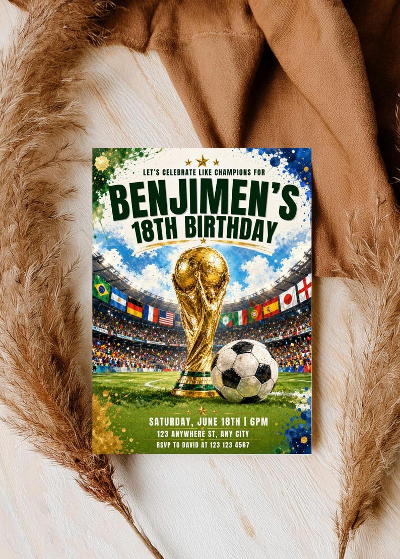 May include: A rectangular birthday invitation card featuring a soccer stadium background with a gold trophy and a soccer ball. The text reads: LET'S CELEBRATE LIKE CHAMPIONS FOR BENJIMEN'S 18TH BIRTHDAY, SATURDAY, JUNE 18TH | 6PM, 123 ANYWHERE ST, ANY CITY, RSVP TO DAVID AT 123 123 4567.