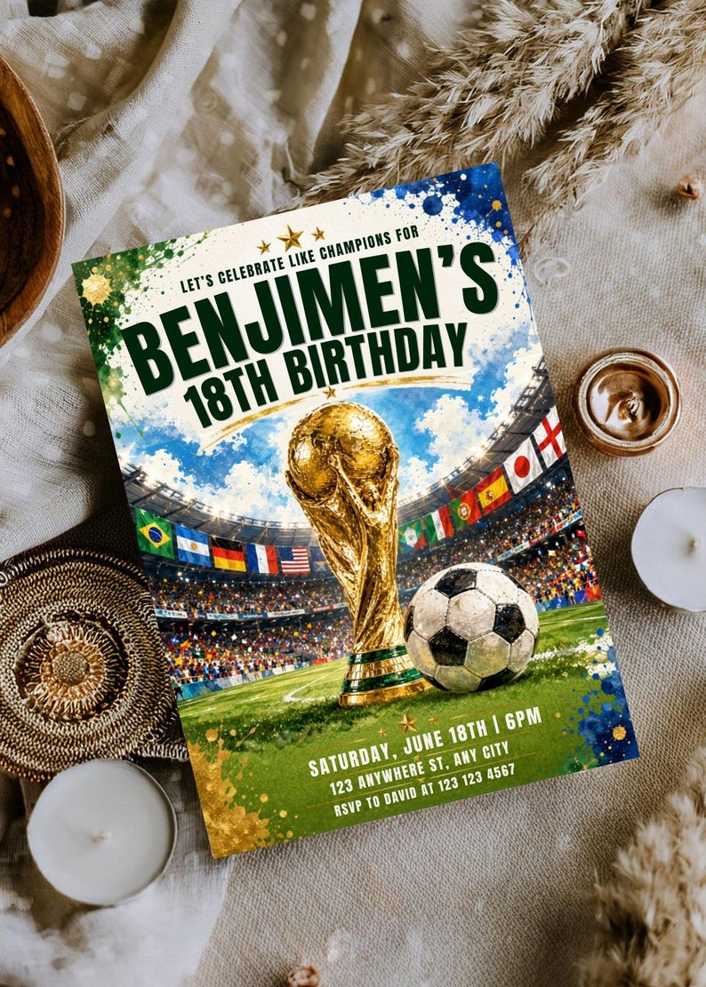 May include: A rectangular birthday invitation card featuring a gold trophy and a soccer ball on a green field inside a stadium. The text reads: LET'S CELEBRATE LIKE CHAMPIONS FOR BENJIMEN'S 18TH BIRTHDAY, SATURDAY, JUNE 18TH | 6PM, 123 ANYWHERE ST, ANY CITY, RSVP TO DAVID AT 123 123 4567.