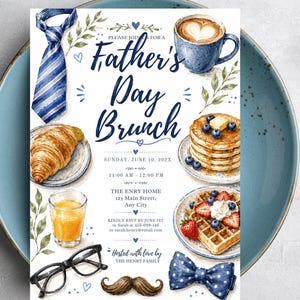 May include: A watercolour invitation for a Father's Day brunch. The design includes a blue striped tie, a coffee cup with a heart, pancakes, waffles, a croissant, and a glass of orange juice. The text reads "Father's Day Brunch".