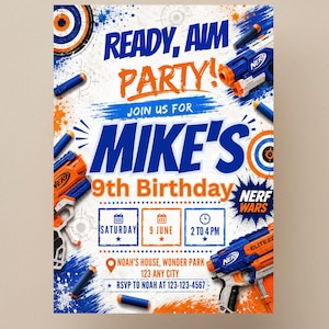 Pode incluir: Um convite para uma festa de aniversário com o tema Nerf. O design apresenta armas Nerf azuis e laranja, dardos e alvos. O convite diz "Ready, Aim, Party!" e inclui detalhes para o 9º aniversário de Mike, incluindo data, hora e local.