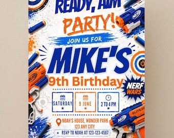 Nerf Birthday Invitation – Blaster Party Digital Invite, Editable Canva Template (Instant Download)