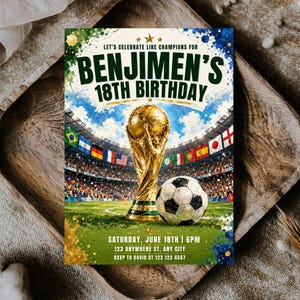 May include: A rectangular birthday invitation card featuring a gold trophy and a soccer ball on a green field inside a stadium. The text reads: LET'S CELEBRATE LIKE CHAMPIONS FOR BENJIMEN'S 18TH BIRTHDAY, SATURDAY, JUNE 18TH | 6PM, 123 ANYWHERE ST, ANY CITY, RSVP TO DAVID AT 123 123 4567.