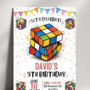 May include: A birthday invitation card featuring a watercolor illustration of a Rubik's cube, colorful bunting, and confetti. Text reads: LET'S CELEBRATE, DAVID'S 9TH BIRTHDAY, JUNE 10 AT 2 PM, MIKE'S PLACE, 123 ANYWHERE ST. ANY CITY.