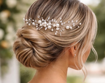 Pearl Bridal Hair Comb, Crystal Wedding Hair Piece, Bridal Bun Hair Accessory, Elegant Pearl Hair Vine Comb for Bride Bridesmaid