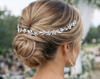 Silver Wedding Hair Vine for Bride, Crystal Floral Headpiece, Silver Bridal Hair Accessory, Bohemian Wedding Hair Jewelry