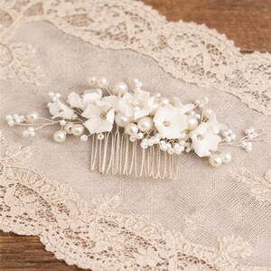 Elegant Pearl & Lace Floral Hair Comb - Ivory Ivory Pearl and Crystal Floral Wedding Hair Comb in Silver main image 3