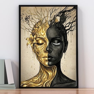 Schwarze Frau Portrait Druck, Blattgold Abstrakt Wabi Sabi Poster, Moderne Kohle Skizze Dekor, Beige Luxus Kunstwerk (Digitaler Download)