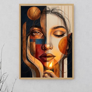 Könnte beinhalten: Ein gerahmter Kunstdruck mit einem geteilten Gesichtsporträt. Eine Seite zeigt ein detailliertes Auge und geometrische Formen in Blau, Rot und Gold. Die andere Seite zeigt ein geschlossenes Auge mit warmem goldenen Schein. Eine Hand hält ein brennendes Streichholz.