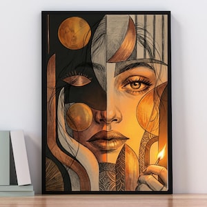 May include: A framed wall art print featuring a stylized portrait of a face divided into two distinct halves. One side is dark with a circular moon, while the other is illuminated in warm gold tones, showing a hand holding a lit match.
