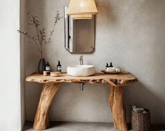 Tocador de baño rústico hecho a mano, mueble de madera reciclada, tocador de madera con borde natural, muebles de baño a medida