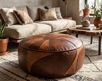 Handmade Moroccan Leather Pouf - Dark Brown Round Ottoman Footstool | Unstuffed Boho Floor Leather Seat & Coffee Table Accent