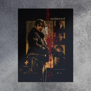 May include: A rectangular poster for the film Resident Evil featuring a dark, moody scene of a person in a jacket holding a medical bag with a cross symbol. The design includes a vertical red blood splatter effect and four smaller inset portraits.