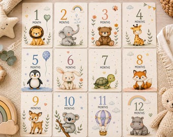Tarjetas de hitos del bebé / Animales en tonos pastel, de 1 a 12 meses (descarga digital)
