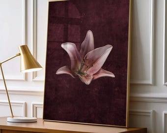 Pink Lily Flower Wall Art, Moody Floral Photography, Burgundy Botanical Decor, Vintage Romantic Bedroom Artwork, UNFRAMED