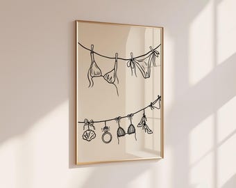Bikini and Bow Wall Art, Minimalist Black Line Drawing, Shell and Ring Illustration, Chic Feminine Beach House Decor, UNFRAMED