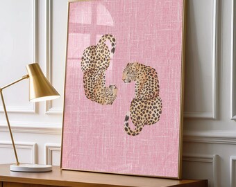 Leopard Couple Wall Art, Twin Spotted Wild Cats on Pink Textured Background, Vintage Animal Illustration, Maximalist Bedroom Decor, UNFRAMED