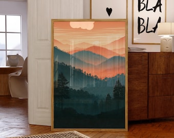 Mountain Landscape Wall Art, Sunset Forest Print, Teal and Coral Nature Decor, Scenic Wilderness Artwork for Living Room, Unframed