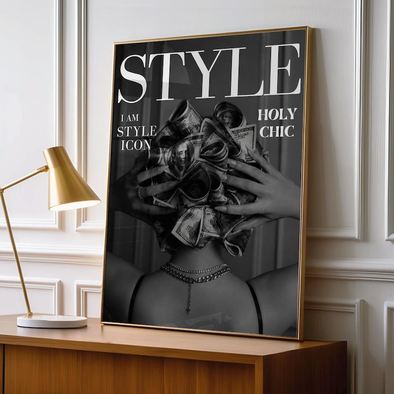 Fashion Wall Art Money Collage Poster Black White Editorial Print Holy Chic Typography Luxury Glam Decor Unframed image 2