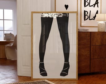 Décoration murale tendance à talons hauts noirs, jambes monochromes avec chaussures à bride cheville, jupe imprimée léopard, style minimaliste chic, SANS CADRE
