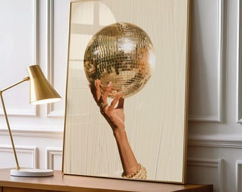 Gold Disco Ball Wall Art, Glamorous Hand Holding Mirror Sphere, Retro Party Illustration, Chic Neutral Boho Room Decor, UNFRAMED