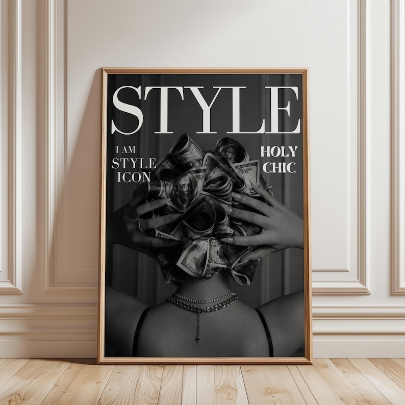 Fashion Wall Art Money Collage Poster Black White Editorial Print Holy Chic Typography Luxury Glam Decor Unframed image 3