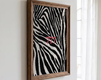 777 Number Wall Art, Pink Lucky Typography on Black and White Zebra Print, Bold Maximalist Animal Pattern Decor, UNFRAMED