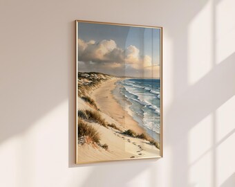 Aquarelle représentant un paysage de plage, vagues de l'océan, dunes de sable, décor côtier serein, décoration neutre, SANS CADRE