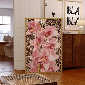 Pink Orchid Leopard Poster, Floral Animal Print Wall Art, Glam Aesthetic Decor, Trendy UNFRAMED