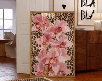 Pink Orchid Leopard Poster, Floral Animal Print Wall Art, Glam Aesthetic Decor, Trendy UNFRAMED